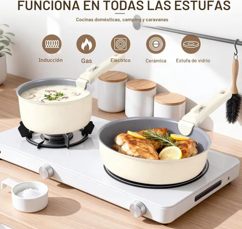 Miniatura 4 de Ammeloo - Juego de ollas y sartenes de cerámica antiadherentes, juego de utensilios de cocina no tóxicos con mangos removibles, juego de cocina