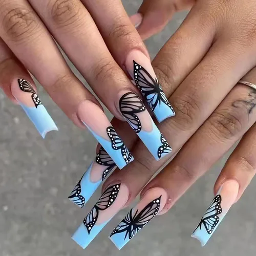 Miniatura 7 de Uñas postizas a presión tipo ataúd súper largas, 24 uñas postizas reutilizables de cobertura completa con pestañas adhesivas, uñas postizas
