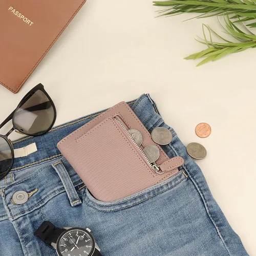 Miniatura 7 de BOTANNER Mini monedero de bolsillo compacto de cuero para mujer con seguridad RFID - NEGRO, rosado (Blush Pink), Minimalista