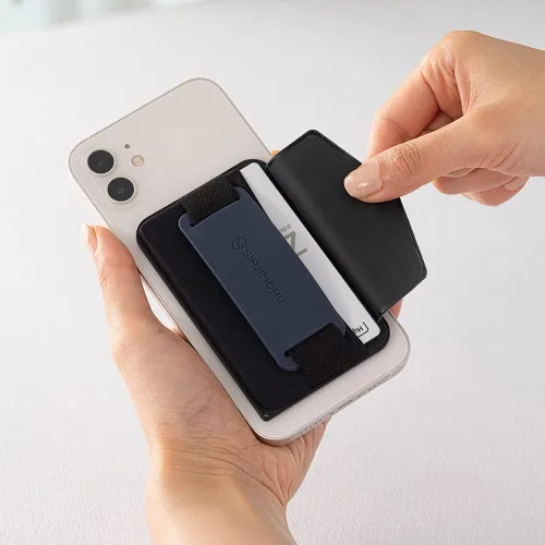 Miniatura 2 de Sinjimoru para cartera MagSafe 3 en 1 con 2600g de fuerza magnética, agarre para teléfono con tela elástica, solapa de seguridad con soporte Negro
