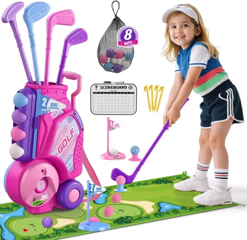 HYES Juego de Golf para Niños Pequeños de 2-4 Años, Club de Golf para Niños con 8 Pelotas, 4 Palos de Plástico, Tapete de Putting, Marcador, Bolsa