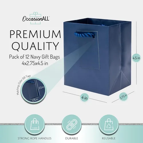 Miniatura 2 de OccasionALL Bolsas de regalo extra pequeñas de color azul marino de 4 x 2.75 x 4.5 pulgadas, mini bolsas de regalo de papel con asas para tarjetas