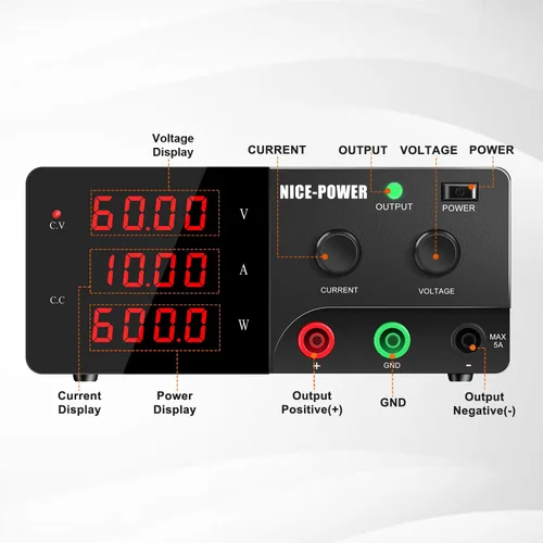 Miniatura 2 de NICE-POWER Fuente de alimentación de CC variable, fuente de alimentación de banco de alta potencia de 60 V 10 A 600 W con perilla de codificador e