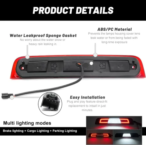Miniatura 5 de Tercera luz LED de freno para RAM 1500 2019 2020 2021 2022 2023 2024 2025 Rebel HFE Laramie Lámparas de freno de montaje alto, luces LED blancas