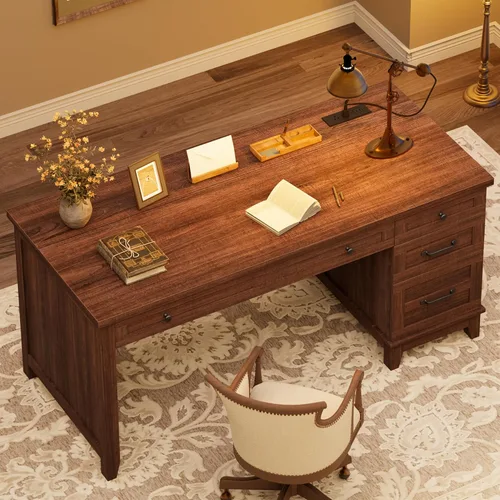 Miniatura 6 de Escritorio ejecutivo de 53.5 pulgadas con toma de corriente, escritorio de oficina en casa con cajones, escritorio de trabajo de madera