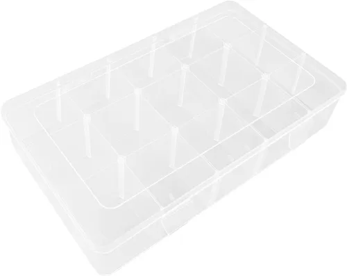 ZUFECY Caja de aparejos de pesca, organizador transparente con 15 divisores ajustables, caja de almacenamiento para dispositivos, joyas, cebos de