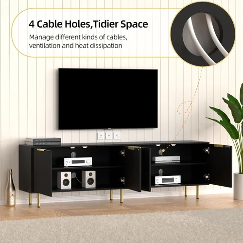 Miniatura 5 de Soporte de TV para TV de 80 pulgadas, soporte de TV acanalado para sala de estar, soporte de TV moderno de mediados de siglo con estante ajustable