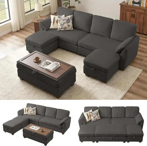 Miniatura 10 de Sofá en forma de U de 102.3 pulgadas con 2 otomanas móviles y 1 mesa auxiliar, se convierte en sofá cama, incluye 2 almohadas para reposabrazos