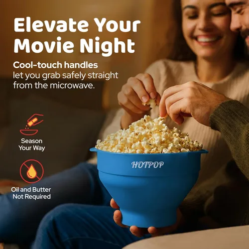 Miniatura 5 de El Hotpop Original - Palomitero para microondas, Popcorn, contenedor de silicona para hacer palomitas de maíz, cuenco plegable sin BPA y apto