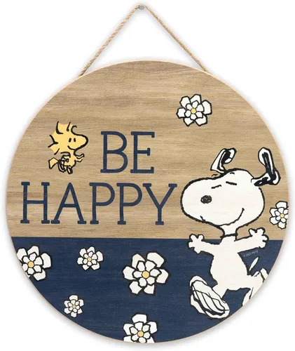Peanuts Snoopy Be Happy - Decoración redonda de madera para colgar en pared, divertido letrero de Snoopy para decoración del hogar, gran idea de Azul