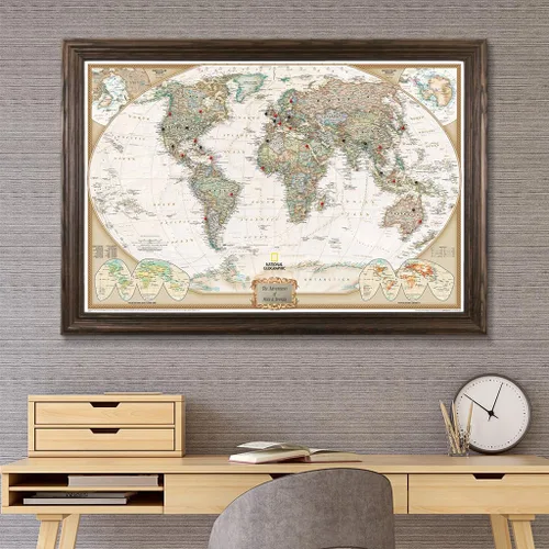Miniatura 8 de Push Pin Travel Maps Arte de pared personalizable – Mundo ejecutivo – Marrón madera maciza – Mapa de pines enmarcado personalizado, incluye 150