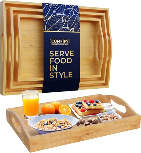 Comfify Bandejas de bambú para servir, juego de 3 bandejas otomanas para alimentos, entretenimiento y decoración, diseño minimalista Bambú (Natural)
