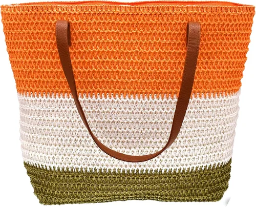 Miniatura 69 de Bolso grande de paja para mujer, tejido de ratán, bolso de playa de verano, a rayas