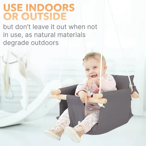 Miniatura 7 de CaTeam Asiento de columpio de lona para bebé con cinturón de seguridad de 5 puntos, columpio colgante de madera para niños pequeños, interior y Gris