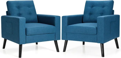 Miniatura 12 de Giantex Silla decorativa moderna, sillón tapizado de mediados de siglo con patas de madera de goma, tela de lino patentada, sofá individual