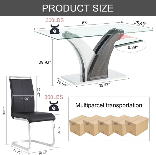 Miniatura 2 de AZmac Juego de mesa de comedor de cristal para 4, juego de mesa de comedor de 63 pulgadas para 4, mesa de cocina moderna y 4 sillas de comedor