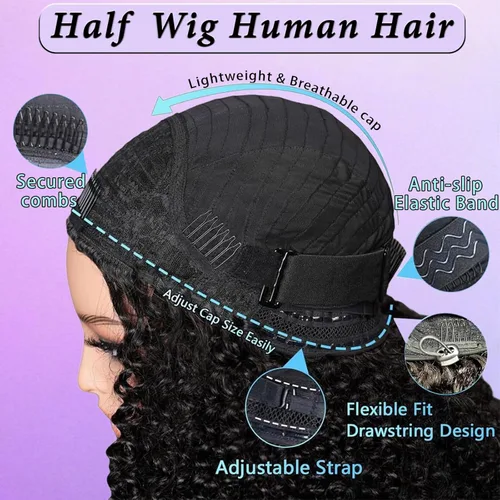 Miniatura 2 de Celiarita Media peluca de cabello humano rizado birmano 3 en 1, cordón sin costuras, con volteo por la mitad de la peluca, línea de cabello