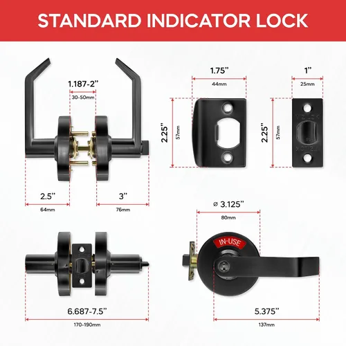Miniatura 2 de VIZILOK Cerradura de puerta comercial para privacidad del baño, seguridad, cerradura indicadora estándar en negro mate, grado ANSi 2, perfecta
