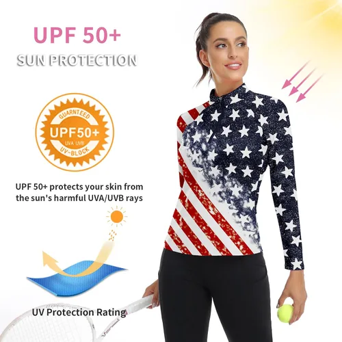 Miniatura 133 de WOWENY Camiseta deportiva de manga larga para mujer, con cremallera de un cuarto, cuello para entrenamiento, camiseta de tenis con estampado