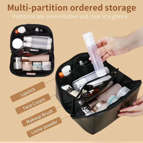 Miniatura 5 de 3 bolsas de maquillaje de viaje portátiles de gran capacidad para mujeres, estuche organizador de maquillaje plano abierto, bolsa organizadora