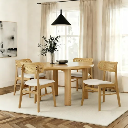 KISLOT Rattan Dining Chairs Set of 4, Upholstered Modern Dining Room Chairs, Mid Century Oak Wood Kitchen Chairs with Rattan Backrest for Farmhouse,