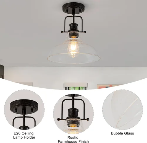 Miniatura 5 de WILON Lámpara de techo rústica de granja, luz de techo de vidrio semillado, luces de techo semiempotradas óxido, accesorios de iluminación