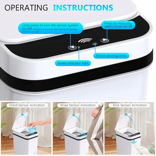 Miniatura 4 de jinligogo Paquete de 3 cubos de basura pequeños para baño con tapa, 2.6 galones, sin contacto, automático, delgado, impermeable, sensor