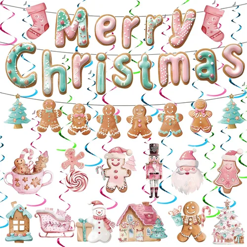 Newwiee 38 piezas de pancartas colgantes de remolinos colgantes de Navidad de color rosa pastel de pan de jengibre, decoración de arroyos colgantes