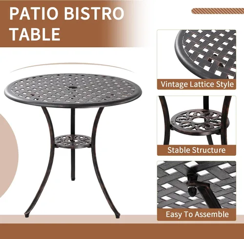 Miniatura 6 de Juego de Bistró de Patio de Bronce - Muebles de Exterior de Aluminio Fundido de 3 Piezas, Mesa Grande y Sillas, Resistente a la Intemperie, Corona