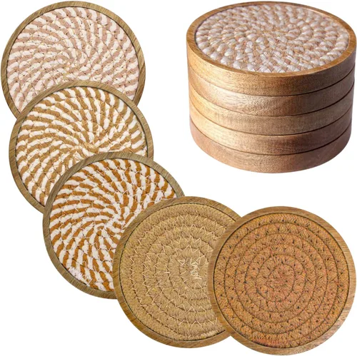 Miniatura 13 de Eykao Paquete de 5 posavasos absorbentes para bebidas, posavasos tejidos de 4.3 pulgadas para mesas de café, posavasos de madera para protección