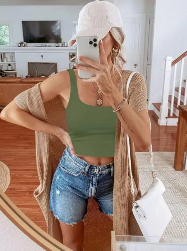 Miniatura 4 de REORIA - Ombliguera sin mangas y costuras, con doble forro, cuello cuadrado, sexy, para mujer y yoga
