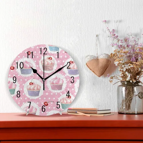 Miniatura 2 de ALAZA Decoración para el Hogar Reloj de Pared Redondo de Acrílico con Cupcake Colorido de 9,5 Pulgadas, con Puntos Polacos, Silencioso, sin Tictac