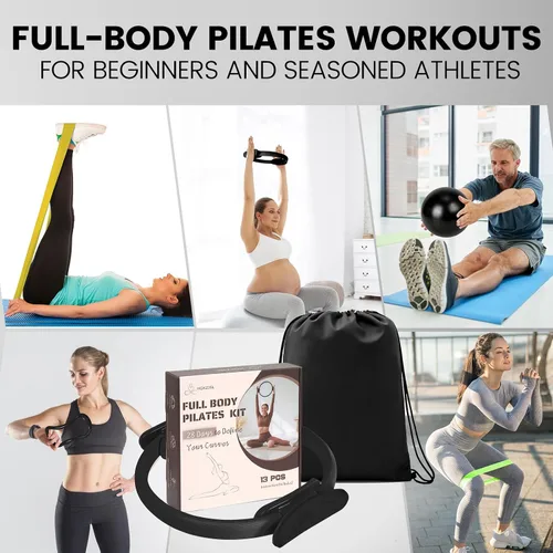 Miniatura 7 de Kit esencial de anillo de pilates para mujer, equipo de entrenamiento en casa con pelota de 9.8 pulgadas, bandas de resistencia, círculo mágico