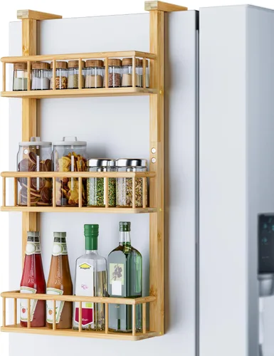 Estante colgante para especias para refrigerador, organizador de estante de cocina de bambú de 3 niveles para almacenamiento de condimentos de