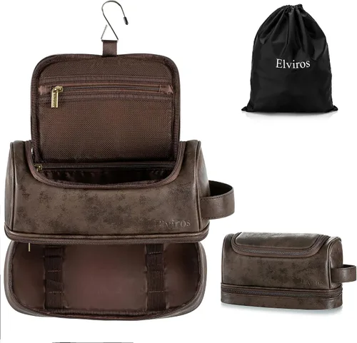Miniatura 10 de Elviros - Neceser de aseo personal para hombre, organizador de viaje de cuero PU, con gancho para colgar, bolsas de afeitado para el baño de gran