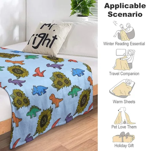 Miniatura 6 de Manta de dinosaurio y girasol, manta de franela de forro polar de 40 x 50 pulgadas, suave, cálida y ligera, mantas para sofá, cama, sofá de viaje