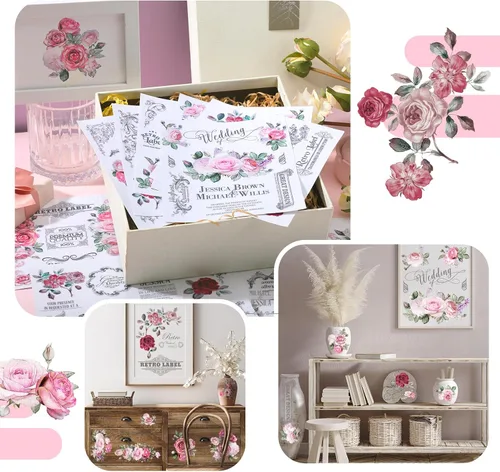 Miniatura 2 de BBTO 12 hojas de calcomanías de transferencia para manualidades y muebles, calcomanías de transferencia para madera, papel de bricolaje, decoración