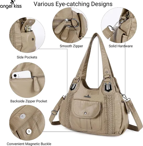 Miniatura 5 de Angelkiss - Bolsos y bolsos de mano para mujer, de cuero vegano lavado, bolso cruzado de hombro