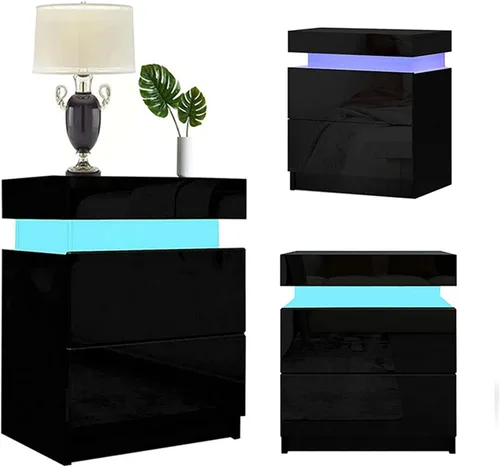 Miniatura 7 de Mesita de noche de alto brillo con luz LED RGB, moderna con 2 cajones laterales, mesita de noche, mueble de dormitorio (negro/blanco) (Color negro)