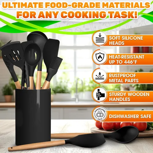 Miniatura 8 de Juego de 14 utensilios de cocina de silicona negra con soporte, utensilios de cocina versátiles con asas de madera resistentes, juego de utensilios