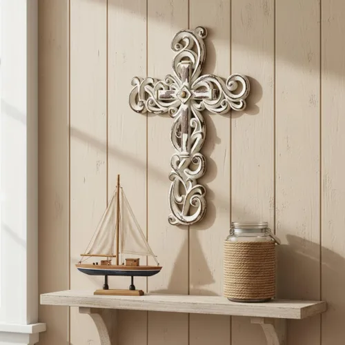 Miniatura 2 de Comfy Hour Cruz ornamentada para colgar en la pared, decoración religiosa dorada de estilo antiguo, placa de resina hueca con acabado artesanal