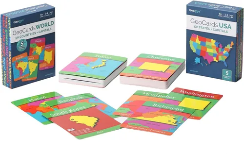 Geotoys GeoCards, paquete de tarjetas flash del mundo y Estados Unidos, juego de cartas para niños, para familias, hogar, escuela y viajes,