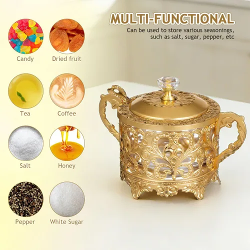 Miniatura 5 de Azucarero, 2 juegos de azucarero turco con tapa y cuchara, macetas de condimentos, caja de condimentos, tarro de cristal dorado en relieve