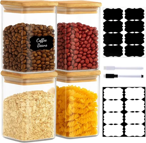 Miniatura 10 de TBWIND Contenedores de almacenamiento de vidrio con tapas de bambú, paquete de 7 tarros herméticos de vidrio transparente en tamaños mixtos