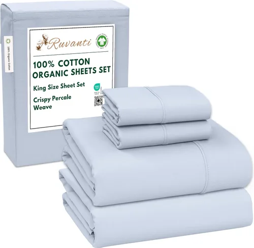 Miniatura 202 de RUVANTI Juego de sábanas de algodón orgánico 100% tamaño completo, tejido de percal, certificado GOTS, juego de 4 piezas, bolsillo profundo de 15