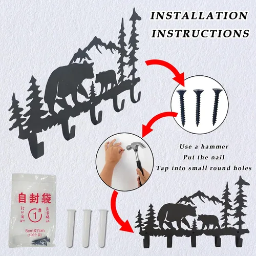 Miniatura 5 de Ganchos de Abrigo de Metal con Oso Arte de Pared Decorativo - Colgadores de Oso y Portallaves - Ganchos con Temática de Animales Decoración Dulce
