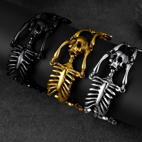 Miniatura 7 de U7 Pulseras góticas de calavera para hombres y mujeres, acero inoxidable, chapado en oro de 18 quilates, plata, negro, punk, esqueleto punk