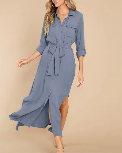 Miniatura 4 de Fekermia Vestido de camisa con botones para mujer, vestido de manga larga enrollable, con cinturón, con bolsillos