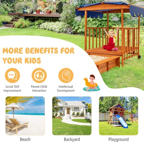 Miniatura 5 de HONEY JOY Caja de arena 3 en 1 para niños con casa de juegos y toldo, madera de cedro sin fondo para patio trasero con ruedas, barandillas