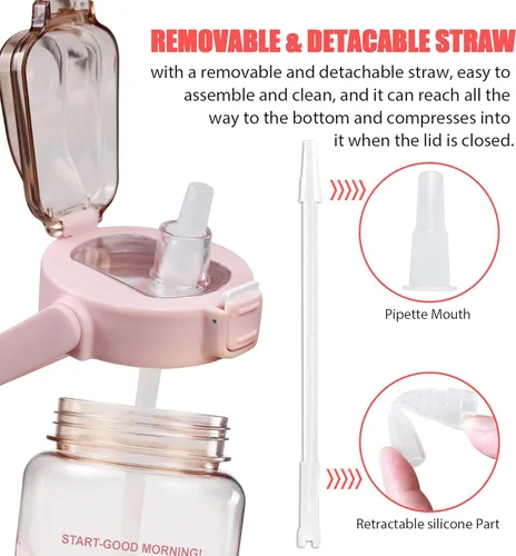 Miniatura 3 de Botella de agua de medio galón con manga, botella de agua motivacional de 64 onzas con popote y marcador de tiempo, botella de agua grande para Rosa